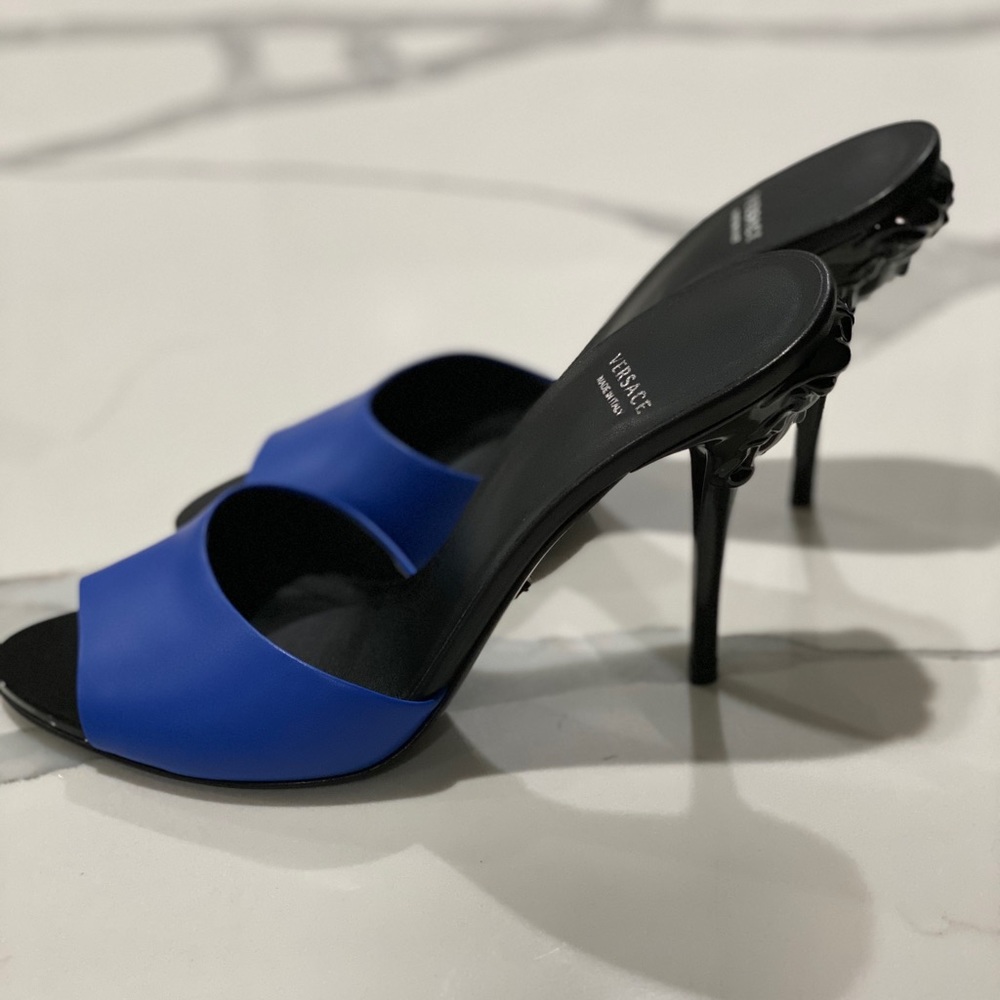 Versace blue & black Medusa sandal heels